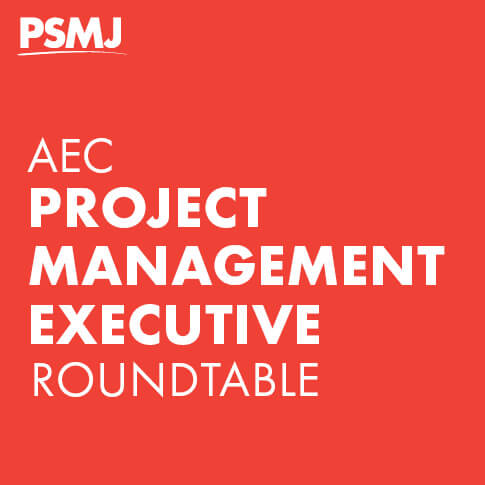 PSMJ AEC Project Management Executive Roundtable logo on a solid orange background.